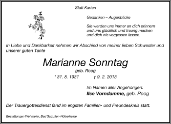 Anzeige  Marianne Sonntag  Lippische Landes-Zeitung