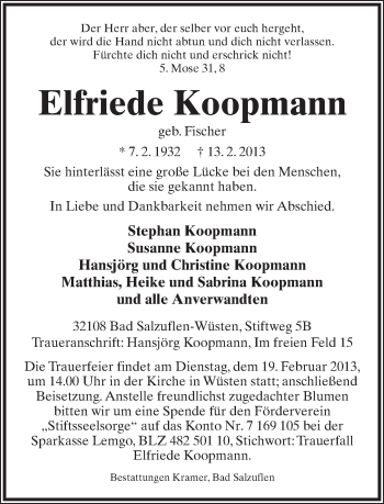 Anzeige  Elfriede Koopmann  Lippische Landes-Zeitung