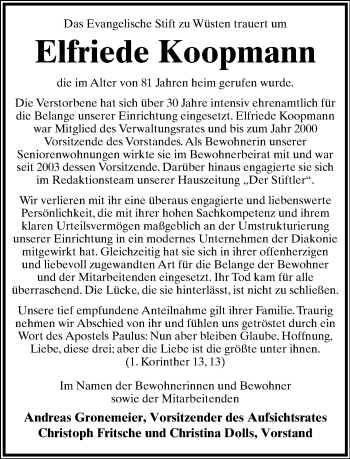 Anzeige  Elfriede Koopmann  Lippische Landes-Zeitung