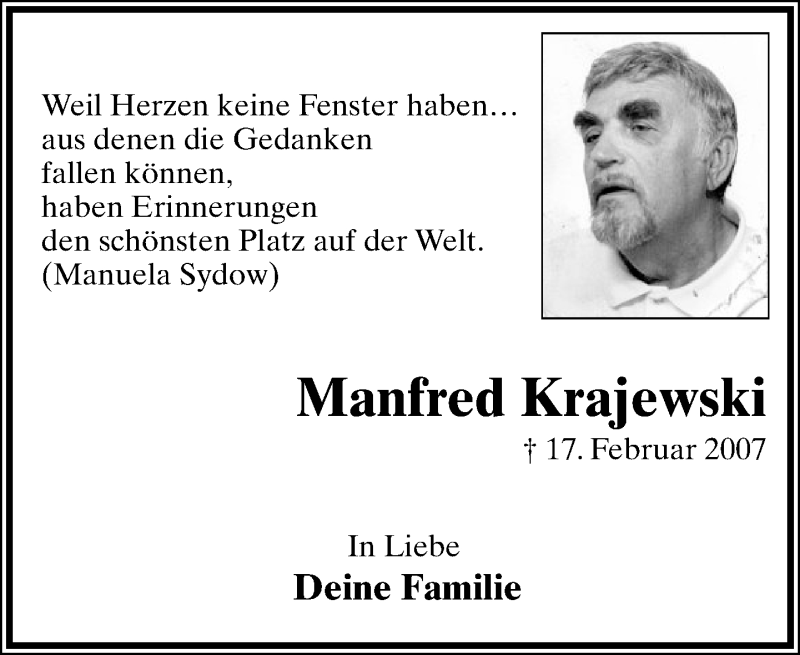  Traueranzeige für Manfred Krajewski vom 16.02.2013 aus Lippische Landes-Zeitung