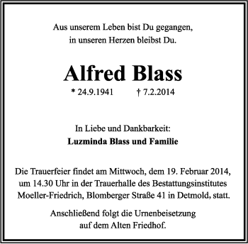 Anzeige  Alfred Blass  Lippische Landes-Zeitung