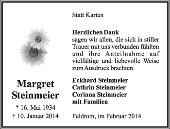 Anzeige  Margret Steinmeier  Lippische Landes-Zeitung
