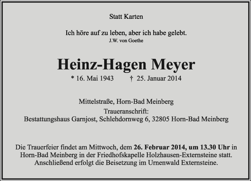  Traueranzeige für Heinz-Hagen Meyer vom 15.02.2014 aus Lippische Landes-Zeitung