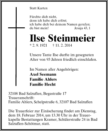 Anzeige  Ilse Steinmeier  Lippische Landes-Zeitung
