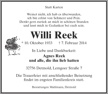 Anzeige  Willi Reek  Lippische Landes-Zeitung