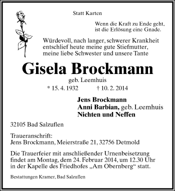 Anzeige  Gisela Brockmann  Lippische Landes-Zeitung