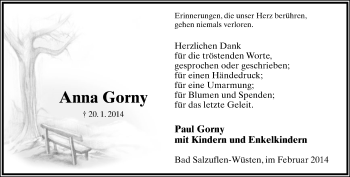 Anzeige  Anna Gorny  Lippische Landes-Zeitung