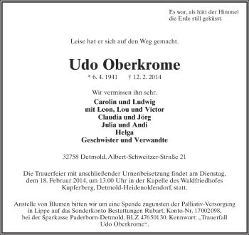 Anzeige  Udo Oberkrome  Lippische Landes-Zeitung