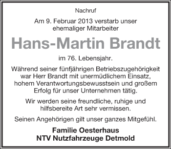 Anzeige  Hans-Martin Brandt  Lippische Landes-Zeitung