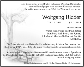 Anzeige  Wolfgang Ridder  Lippische Landes-Zeitung