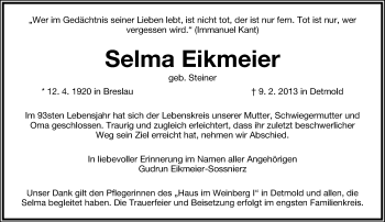 Anzeige  Selma Eikmeier  Lippische Landes-Zeitung