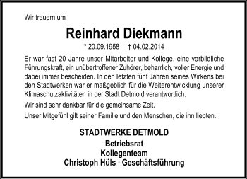 Anzeige  Reinhard Diekmann  Lippische Landes-Zeitung