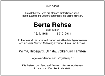 Anzeige  Berta Rehse  Lippische Landes-Zeitung