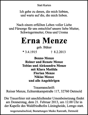 Anzeige  Erna Menze  Lippische Landes-Zeitung