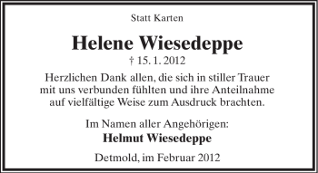 Anzeige  Helene Wiesedeppe  Lippische Landes-Zeitung