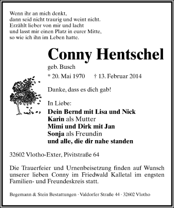 Anzeige  Conny Hentschel  Lippische Landes-Zeitung