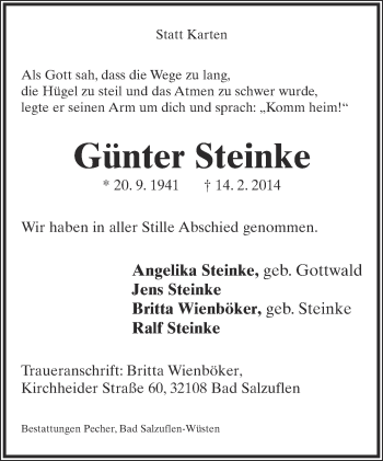 Anzeige  Günter Steinke  Lippische Landes-Zeitung