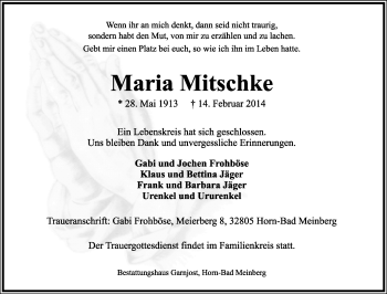 Anzeige  Maria Mitschke  Lippische Landes-Zeitung