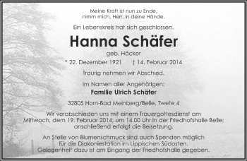 Anzeige  Hanna Schäfer  Lippische Landes-Zeitung