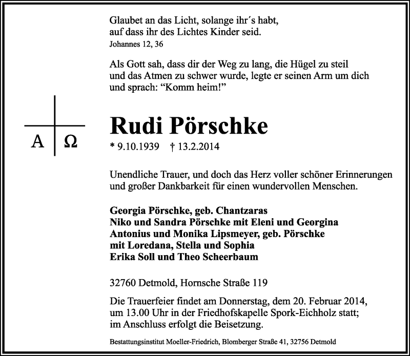  Traueranzeige für Rudi Pörschke vom 17.02.2014 aus Lippische Landes-Zeitung