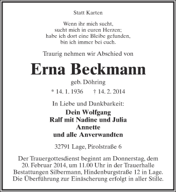 Anzeige  Erna Beckmann  Lippische Landes-Zeitung