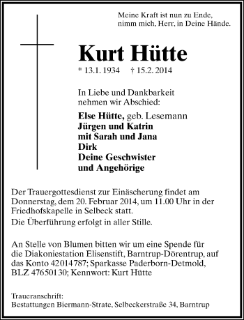 Anzeige  Kurt Hütte  Lippische Landes-Zeitung