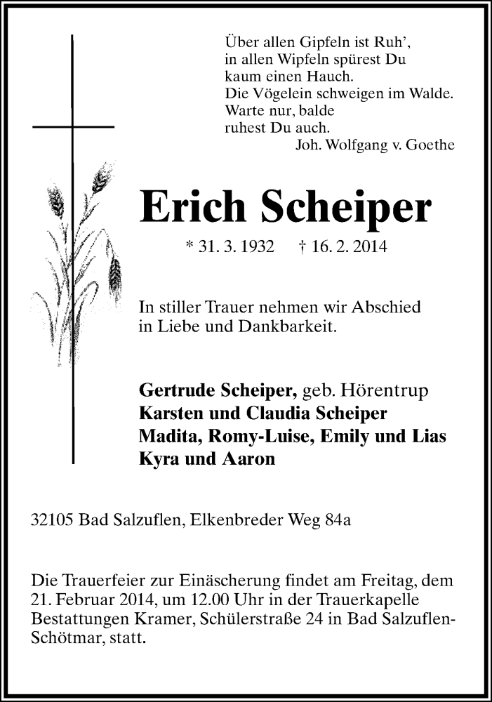  Traueranzeige für Erich Scheiper vom 18.02.2014 aus Lippische Landes-Zeitung