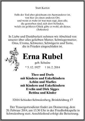 Anzeige  Erna Rubel  Lippische Landes-Zeitung