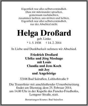 Anzeige  Helga Droßard  Lippische Landes-Zeitung