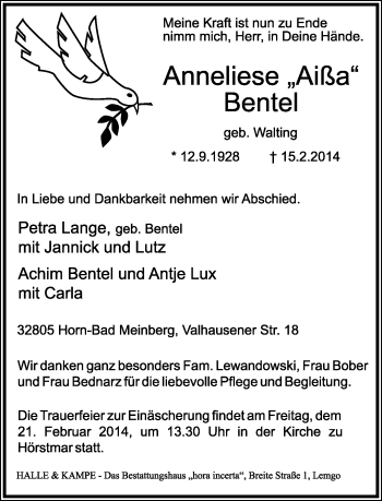 Anzeige  Anneliese Bentel  Lippische Landes-Zeitung