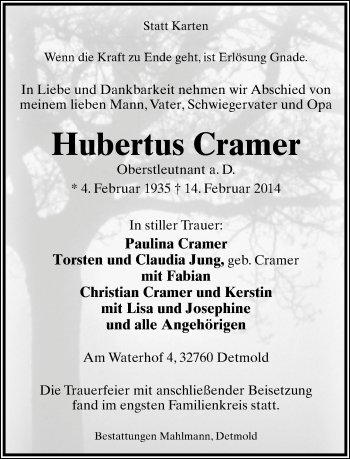Anzeige  Hubertus Cramer  Lippische Landes-Zeitung