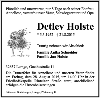 Anzeige  Detlev Holste  Lippische Landes-Zeitung