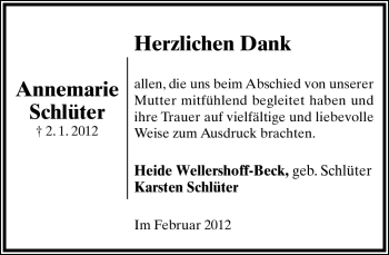 Anzeige  Annemarie Schlüter  Lippische Landes-Zeitung