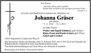 Anzeige  Johanna Gräser  Lippische Landes-Zeitung