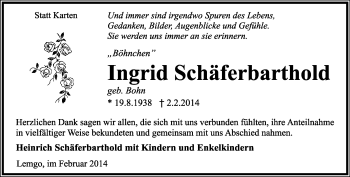 Anzeige  Ingrid Schäferbarthold  Lippische Landes-Zeitung