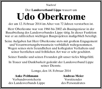 Anzeige  Udo Oberkrome  Lippische Landes-Zeitung