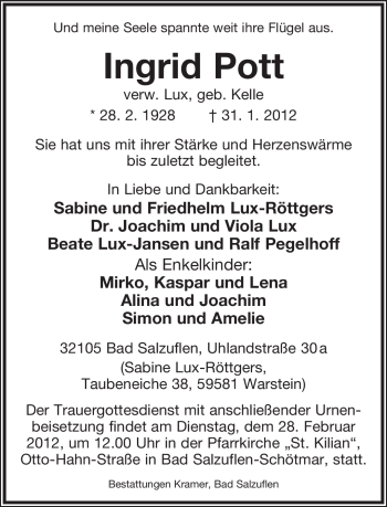 Anzeige  Ingrid Pott  Lippische Landes-Zeitung