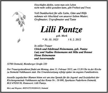 Anzeige  Lilli Pantze  Lippische Landes-Zeitung