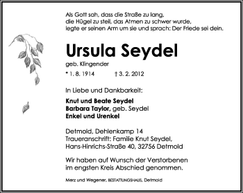 Anzeige  Ursula Seydel  Lippische Landes-Zeitung
