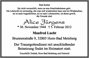 Anzeige  Alice Jürgens  Lippische Landes-Zeitung