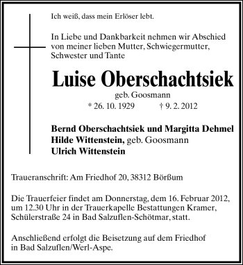 Anzeige  Luise Oberschachtsiek  Lippische Landes-Zeitung