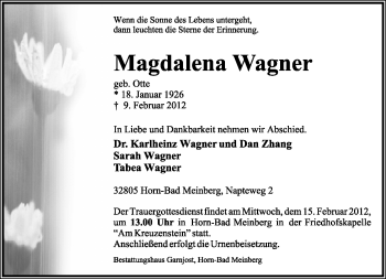 Anzeige  Magdalena Wagner  Lippische Landes-Zeitung