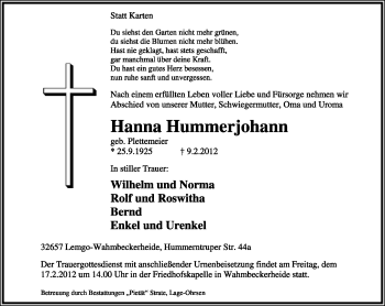 Anzeige  Hanna Hummerjohann  Lippische Landes-Zeitung