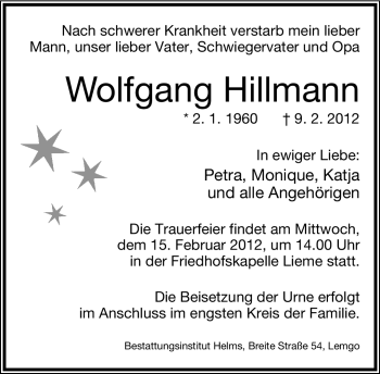 Anzeige  Wolfgang Hillmann  Lippische Landes-Zeitung