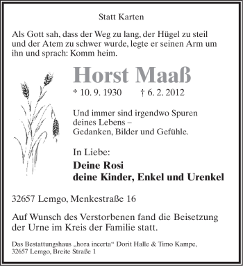 Anzeige  Horst Maaß  Lippische Landes-Zeitung