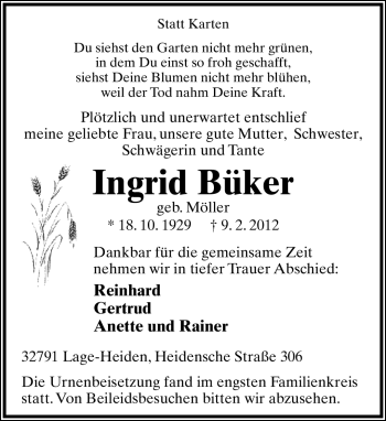 Anzeige  Ingrid Büker  Lippische Landes-Zeitung
