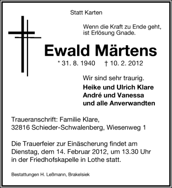 Anzeige  Ewald Märtens  Lippische Landes-Zeitung
