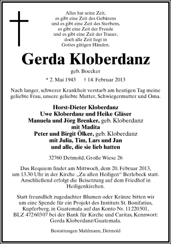 Anzeige  Gerda Kloberdanz  Lippische Landes-Zeitung