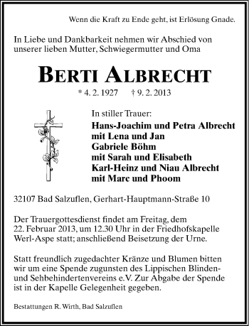 Anzeige  Berti Albrecht  Lippische Landes-Zeitung