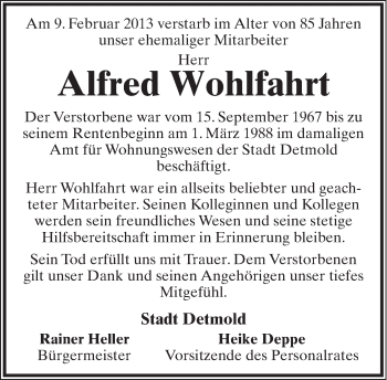Anzeige  Alfred Wohlfahrt  Lippische Landes-Zeitung
